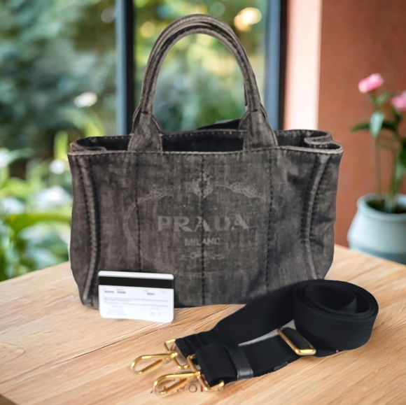 SOLD ‼️PRADA Canapa EUC Denim Black Mini Tote w/Strap - Picture 5 of 17